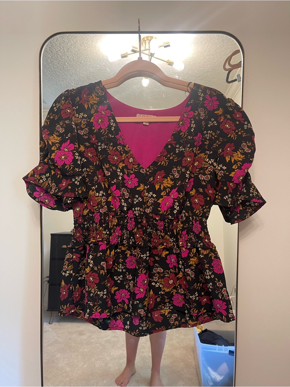 V-Neck Peplum Blouse with Pink Floral Print